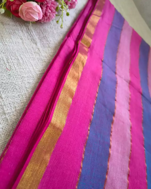 Rainbow Mul Cotton Handloom Saree with Beautiful tassels - Pink