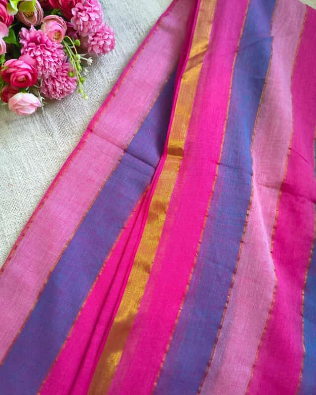 Rainbow Mul Cotton Handloom Saree with Beautiful tassels - Pink