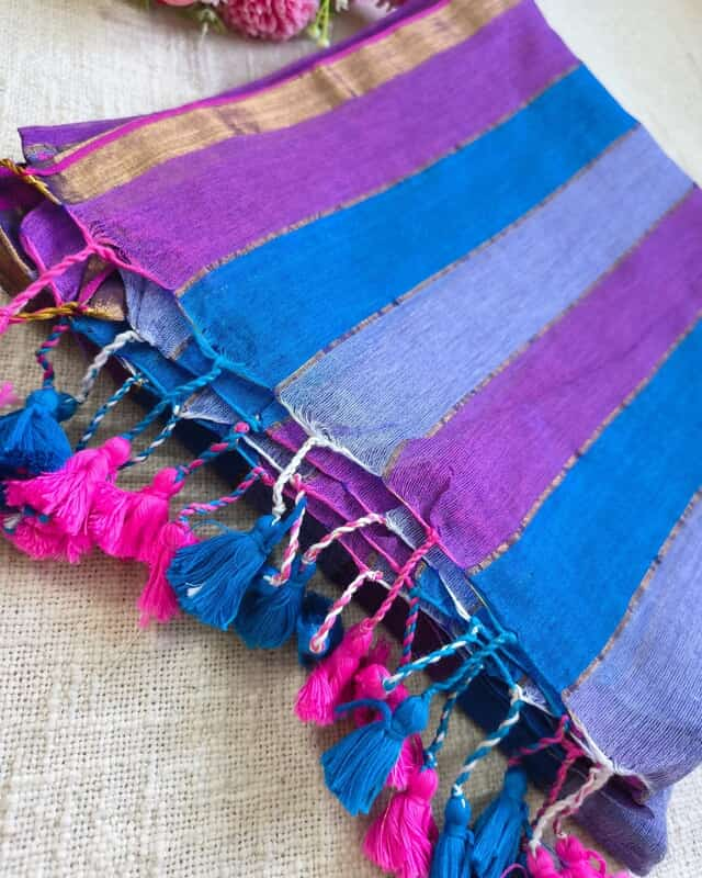 Rainbow Mul Cotton Handloom Saree with Beautiful tassels - Purple