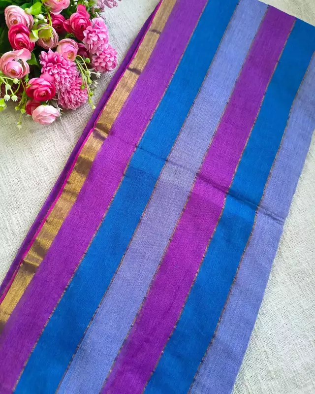 Rainbow Mul Cotton Handloom Saree with Beautiful tassels - Purple