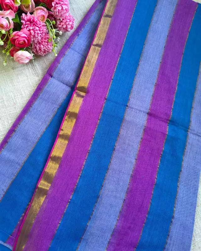 Rainbow Mul Cotton Handloom Saree with Beautiful tassels - Purple