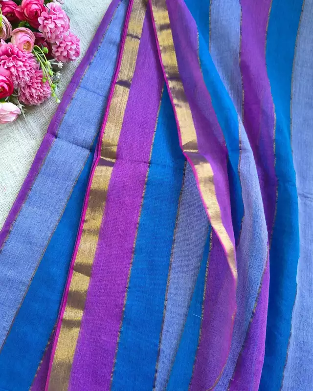Rainbow Mul Cotton Handloom Saree with Beautiful tassels - Purple