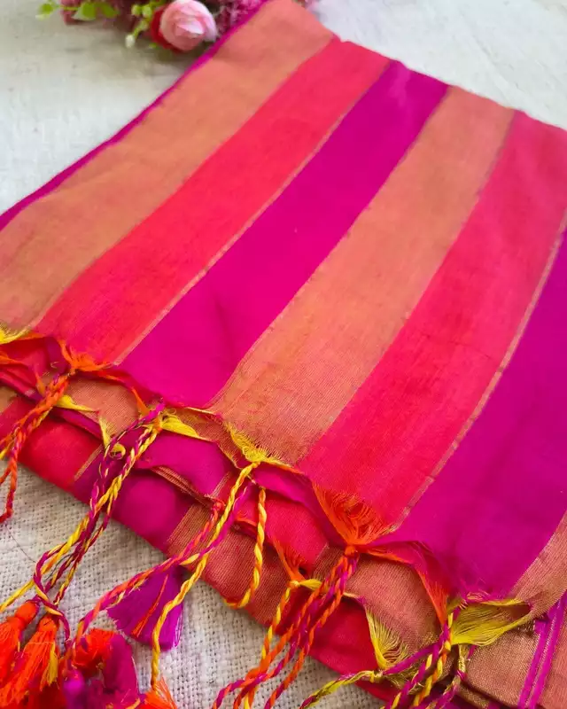 Rainbow Mul Cotton Handloom Saree with Beautiful tassels - Red