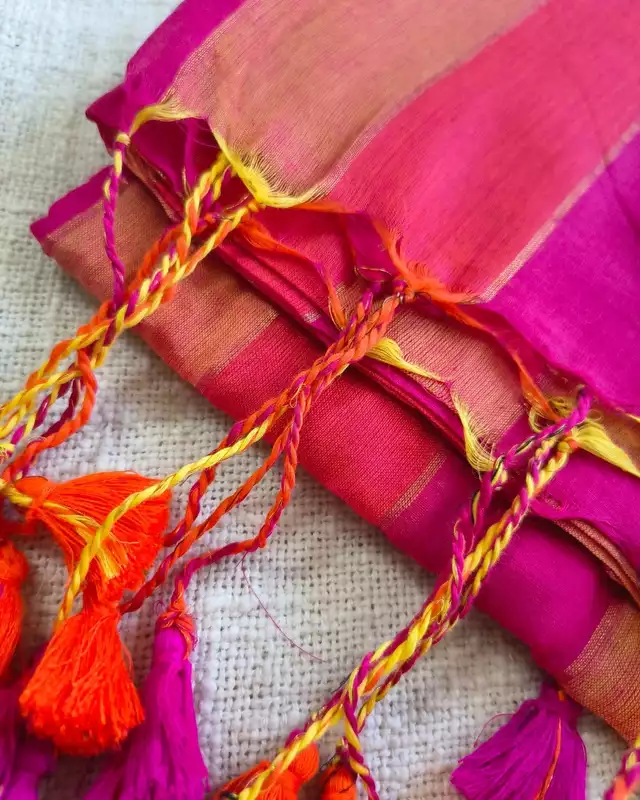 Rainbow Mul Cotton Handloom Saree with Beautiful tassels - Red