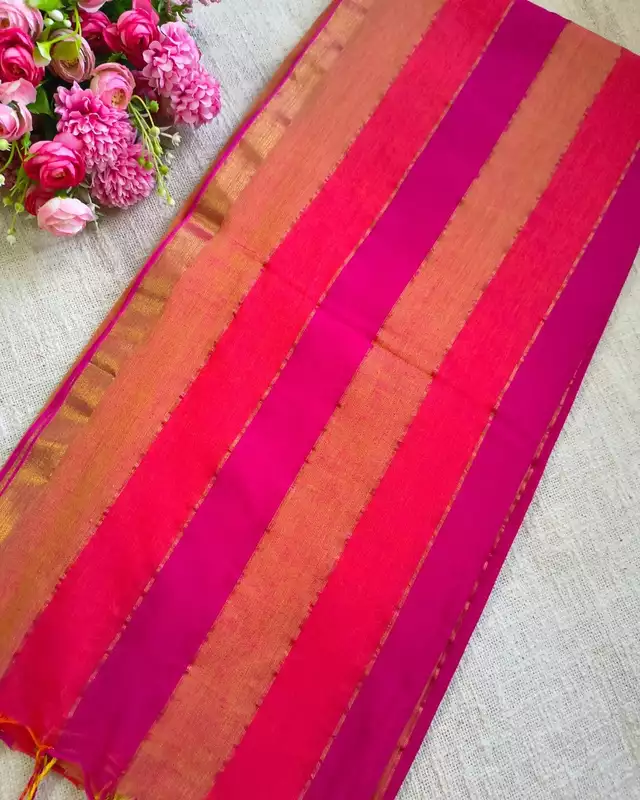 Rainbow Mul Cotton Handloom Saree with Beautiful tassels - Red