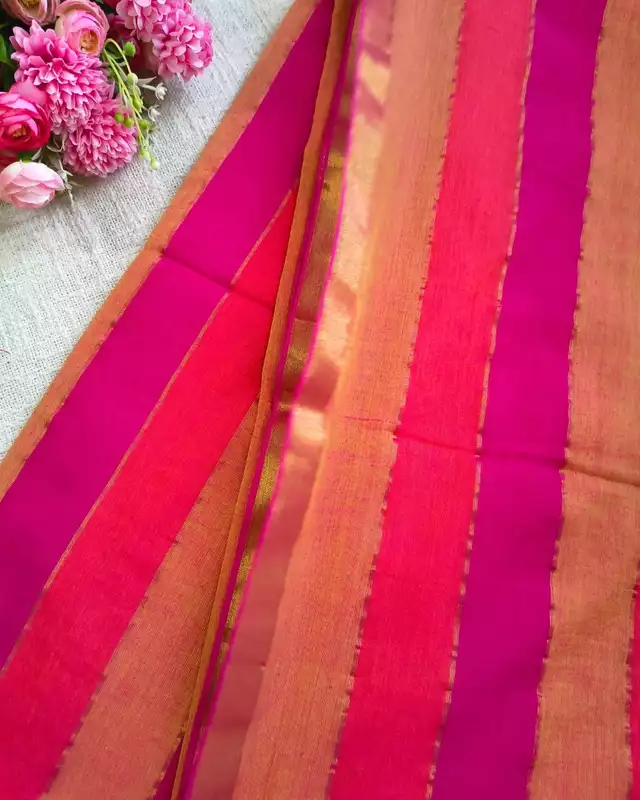 Rainbow Mul Cotton Handloom Saree with Beautiful tassels - Red