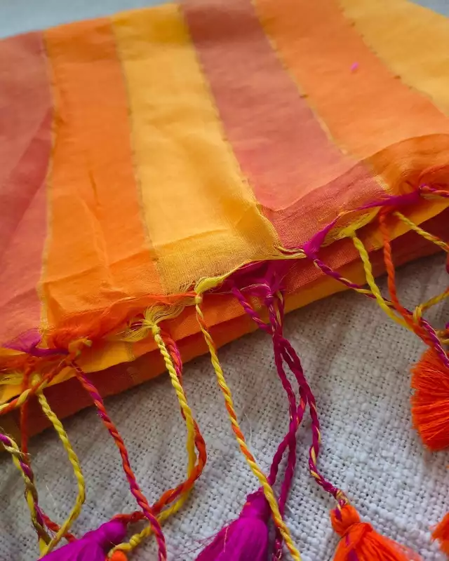 Rainbow Mul Cotton Handloom Saree with Beautiful tassels - Yellow