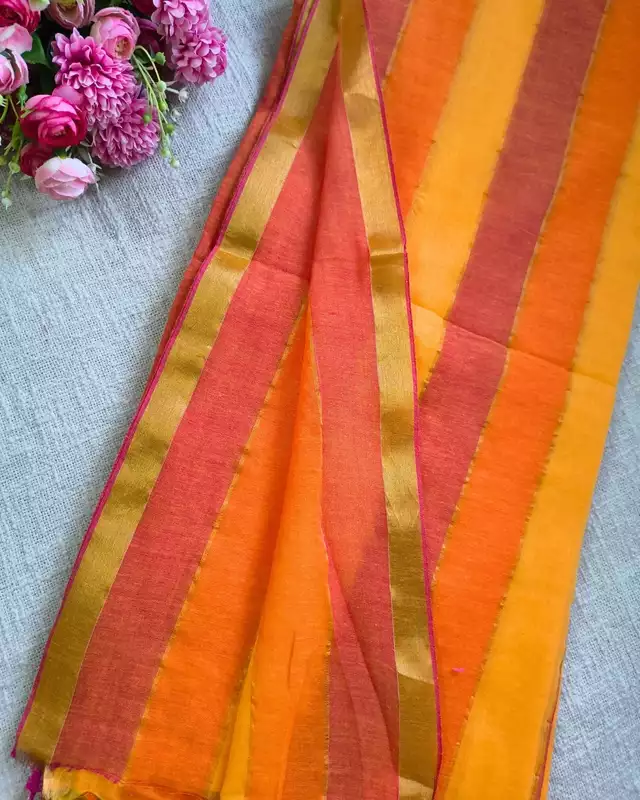 Rainbow Mul Cotton Handloom Saree with Beautiful tassels - Yellow
