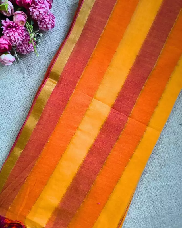 Rainbow Mul Cotton Handloom Saree with Beautiful tassels - Yellow