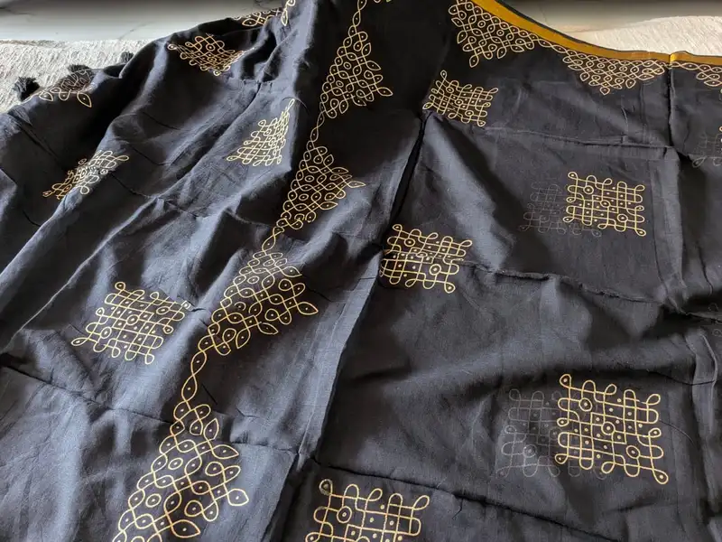 Traditional Kolam print on Mul cotton with tassels - Black
