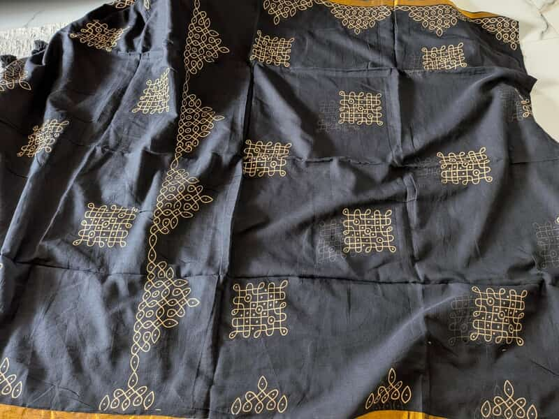 Traditional Kolam print on Mul cotton with tassels - Black