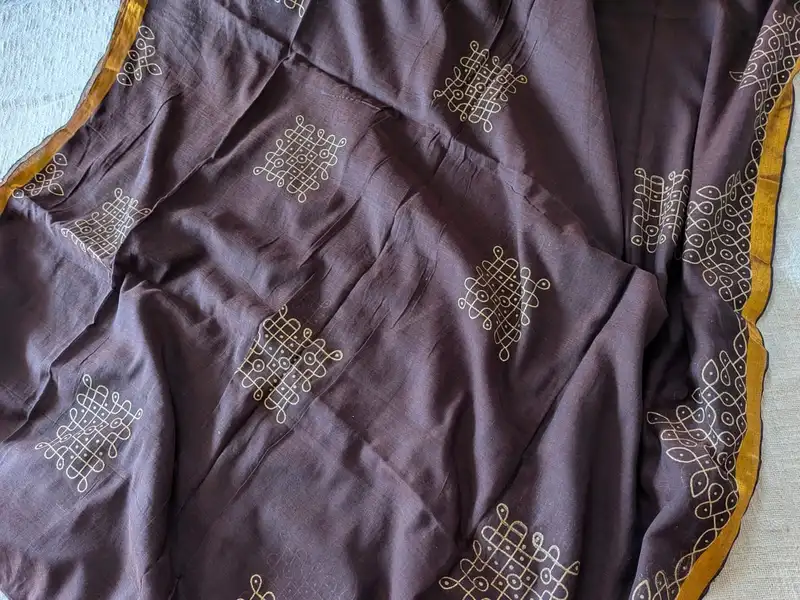 Traditional Kolam print on Mul cotton with tassels - Brown