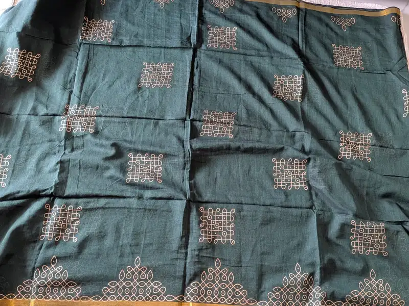 Traditional Kolam print on Mul cotton with tassels - Forest Green