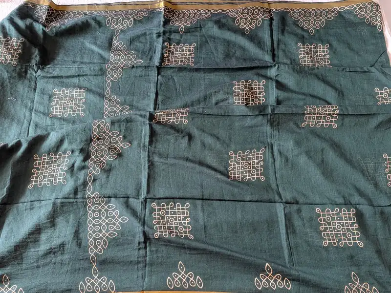 Traditional Kolam print on Mul cotton with tassels - Forest Green