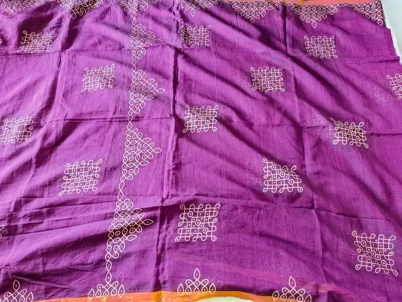 Traditional Kolam print on Mul cotton with tassels - Dark Purple