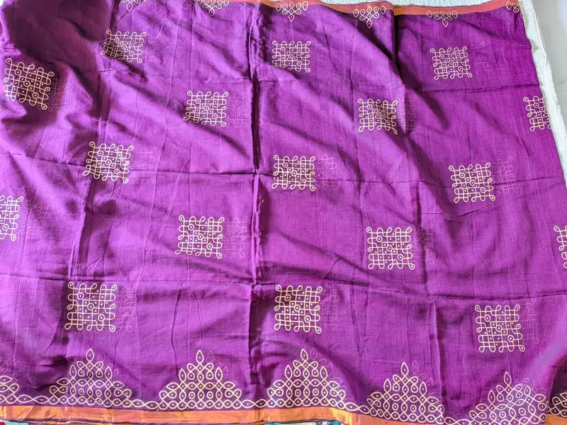 Traditional Kolam print on Mul cotton with tassels - Dark Purple