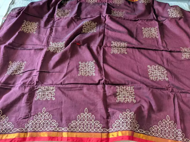 Traditional Kolam print on Mul cotton with tassels - Maroon