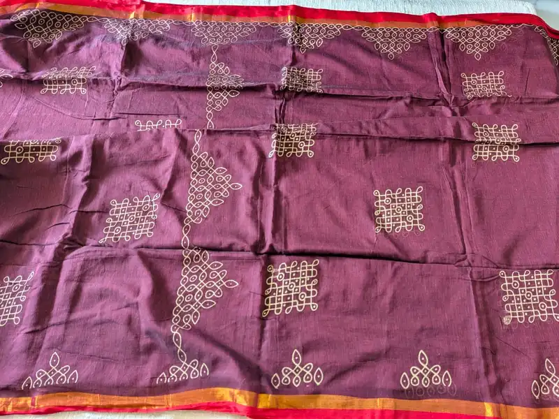 Traditional Kolam print on Mul cotton with tassels - Maroon