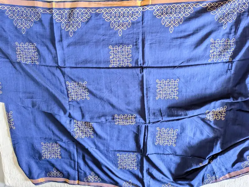 Traditional Kolam print on Mul cotton with tassels - Navy Blue