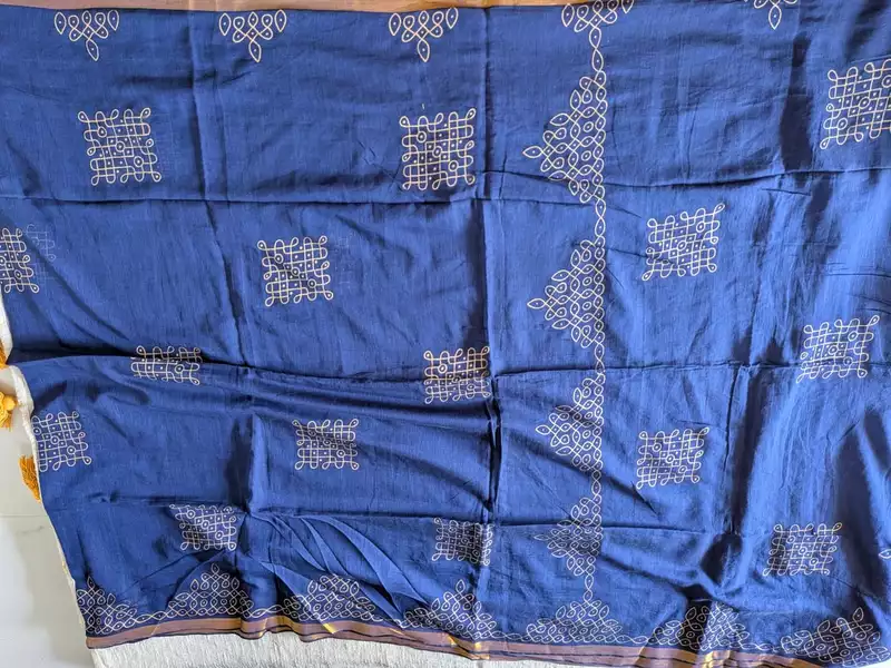Traditional Kolam print on Mul cotton with tassels - Navy Blue