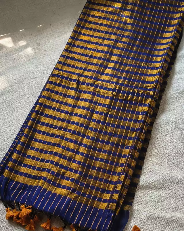 Mul Cotton Zari Checks Handloom Saree - Navy Blue
