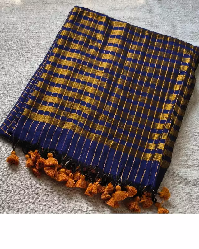 Mul Cotton Zari Checks Handloom Saree - Navy Blue