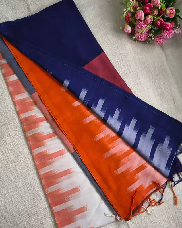 Pure Cotton Handloom Saree - Ikkat Geometry - Orange & Blue