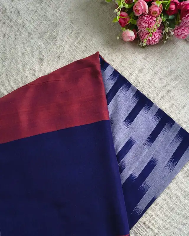 Pure Cotton Handloom Saree - Ikkat Geometry - Orange & Blue