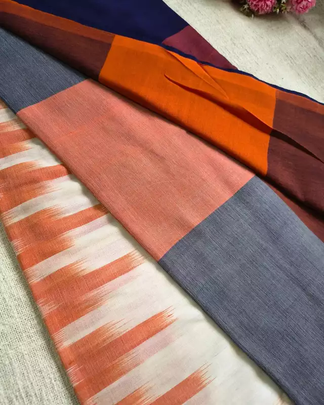 Pure Cotton Handloom Saree - Ikkat Geometry - Orange & Blue