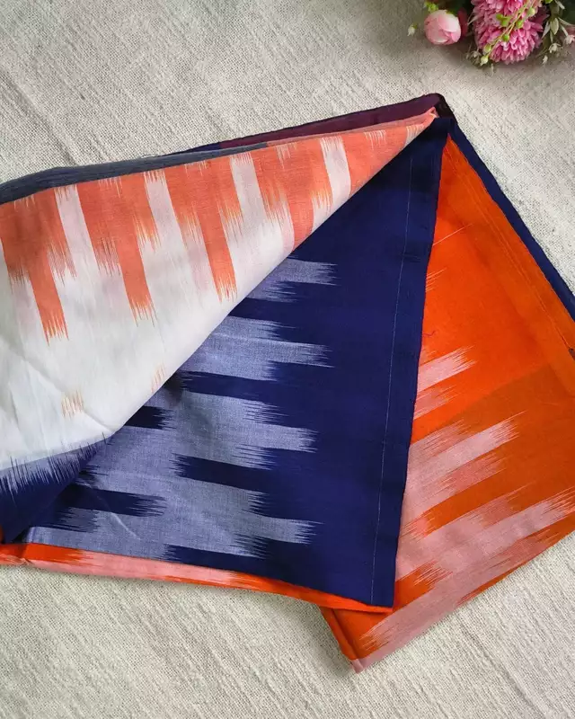 Pure Cotton Handloom Saree - Ikkat Geometry - Orange & Blue