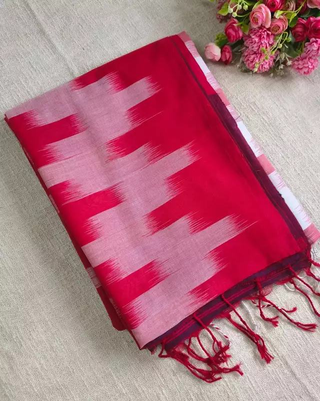 Pure Cotton Handloom Saree - Ikkat Geometry - White & Red
