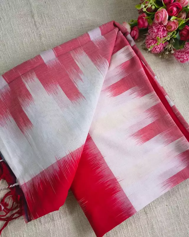 Pure Cotton Handloom Saree - Ikkat Geometry - White & Red