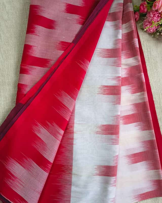 Pure Cotton Handloom Saree - Ikkat Geometry - White & Red