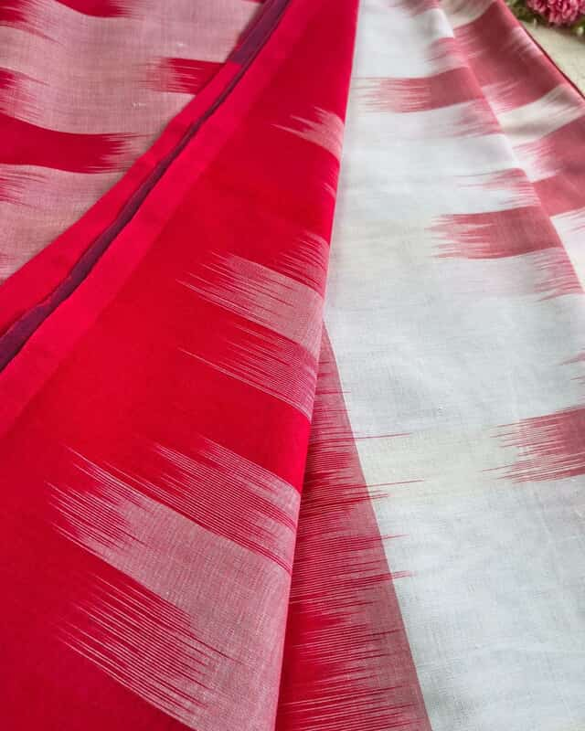 Pure Cotton Handloom Saree - Ikkat Geometry - White & Red