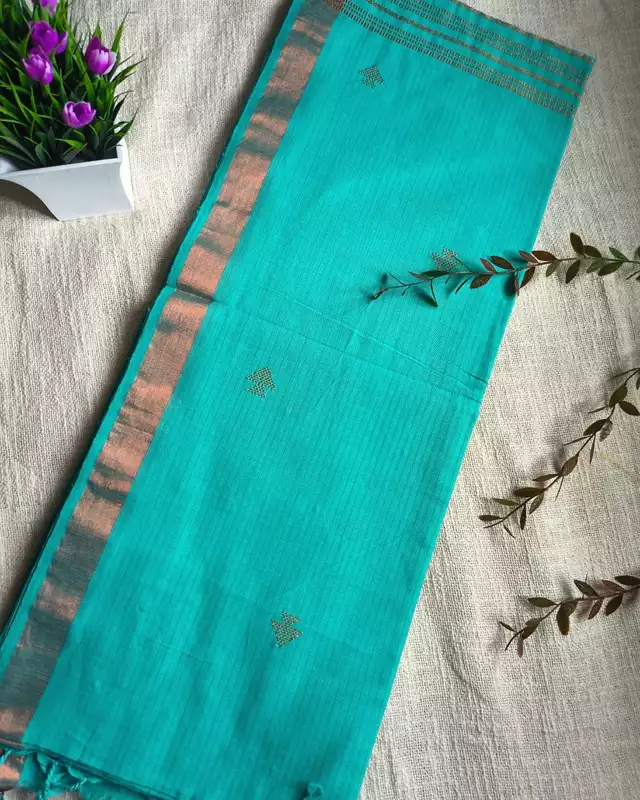 Pure Cotton Handloom Saree with Copper Zari weaving - Cyan Charm