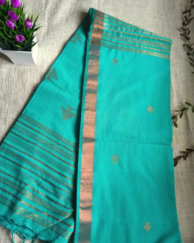Pure Cotton Handloom Saree with Copper Zari weaving - Cyan Charm