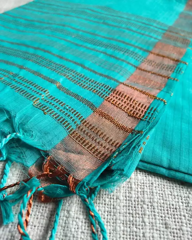 Pure Cotton Handloom Saree with Copper Zari weaving - Cyan Charm