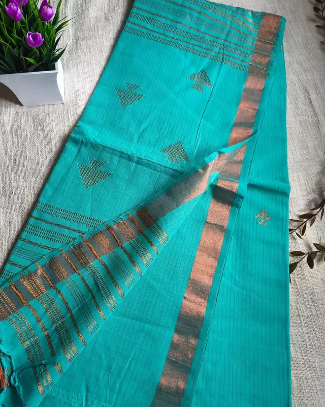 Pure Cotton Handloom Saree with Copper Zari weaving - Cyan Charm