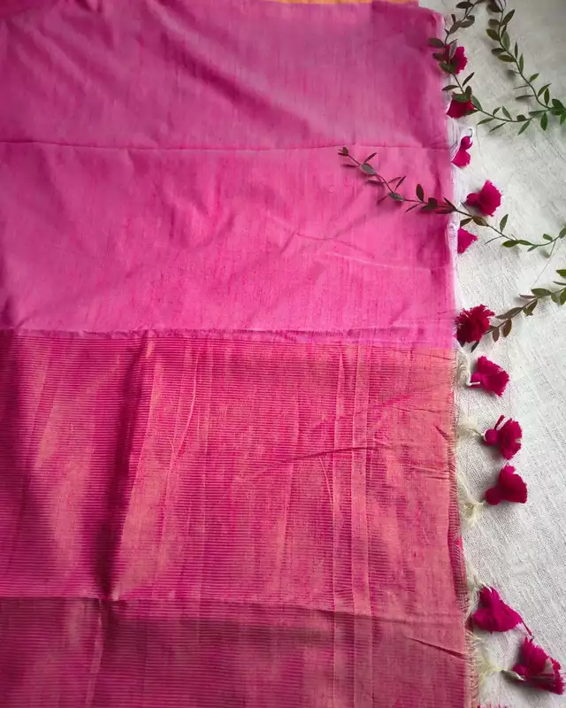 Pure Cotton Handloom Saree with Gold Zari weaving in Half & Half Pattern - Pink