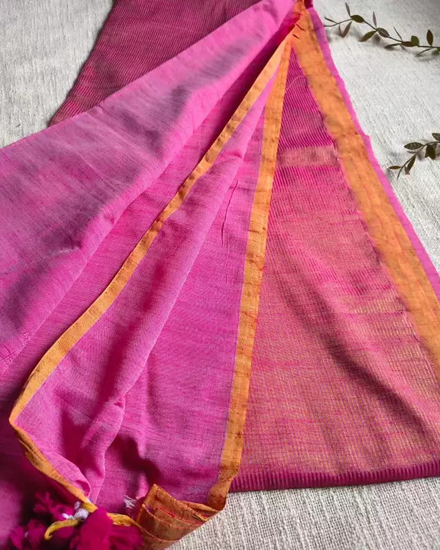 Pure Cotton Handloom Saree with Gold Zari weaving in Half & Half Pattern - Pink