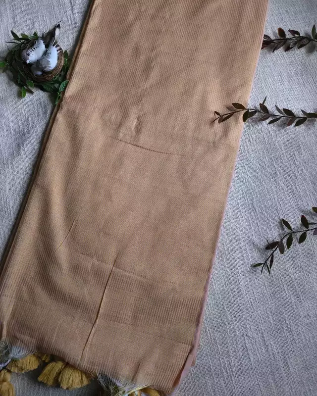 Pure Cotton Handloom Saree with Gold Zari weaving in Half & Half Pattern - Sandal