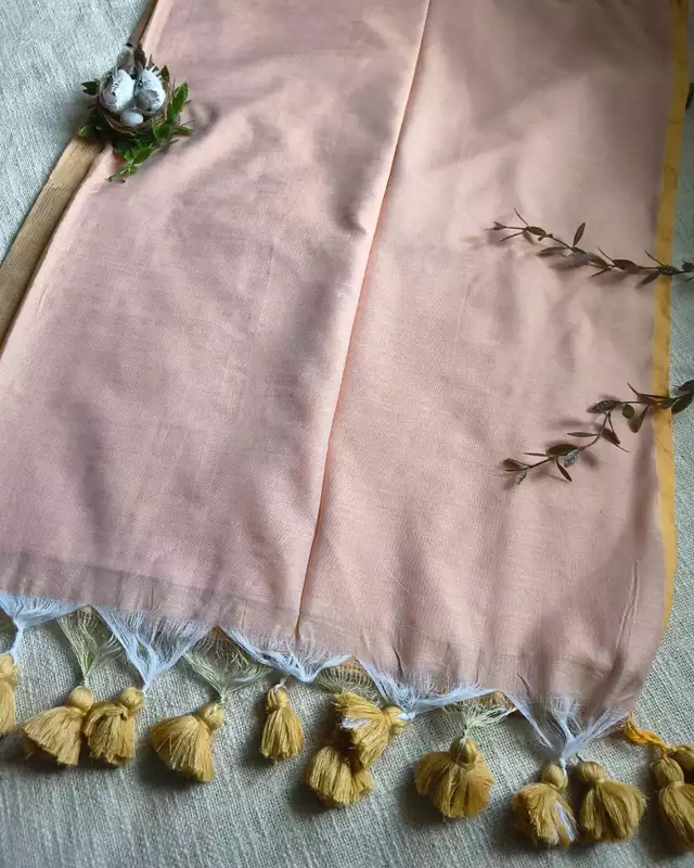 Pure Cotton Handloom Saree with Gold Zari weaving in Half & Half Pattern - Sandal