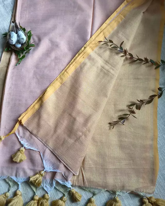 Pure Cotton Handloom Saree with Gold Zari weaving in Half & Half Pattern - Sandal
