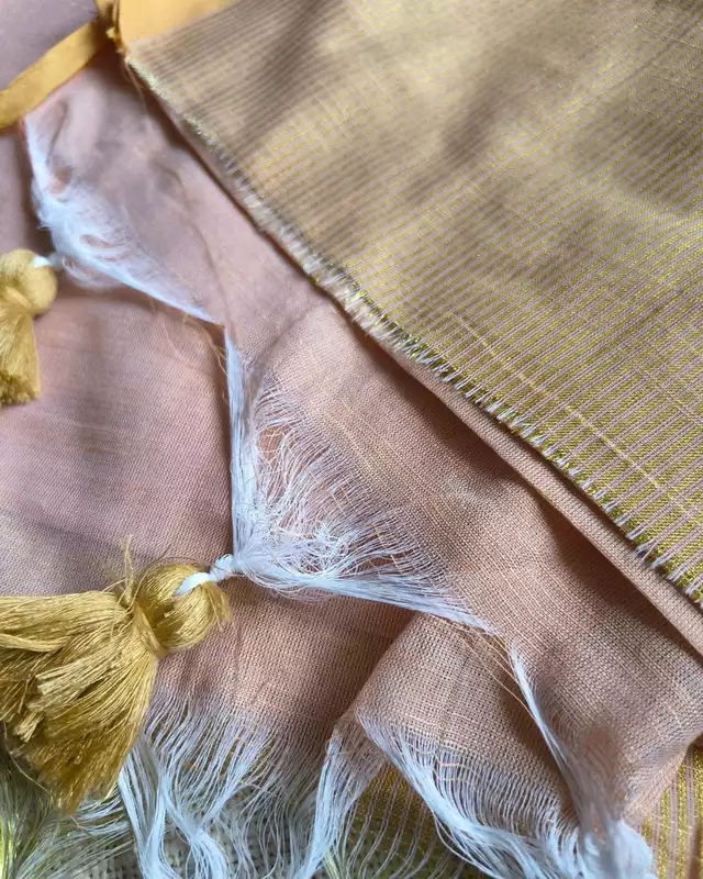 Pure Cotton Handloom Saree with Gold Zari weaving in Half & Half Pattern - Sandal