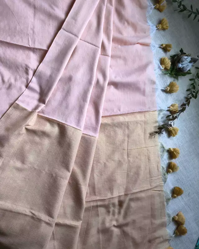 Pure Cotton Handloom Saree with Gold Zari weaving in Half & Half Pattern - Sandal