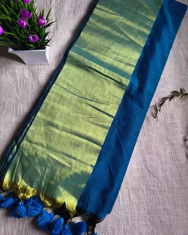 Pure Cotton Handloom Saree with Golden Border - Blue