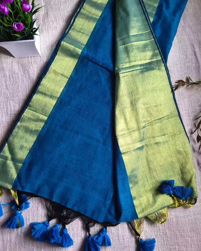 Pure Cotton Handloom Saree with Golden Border - Blue