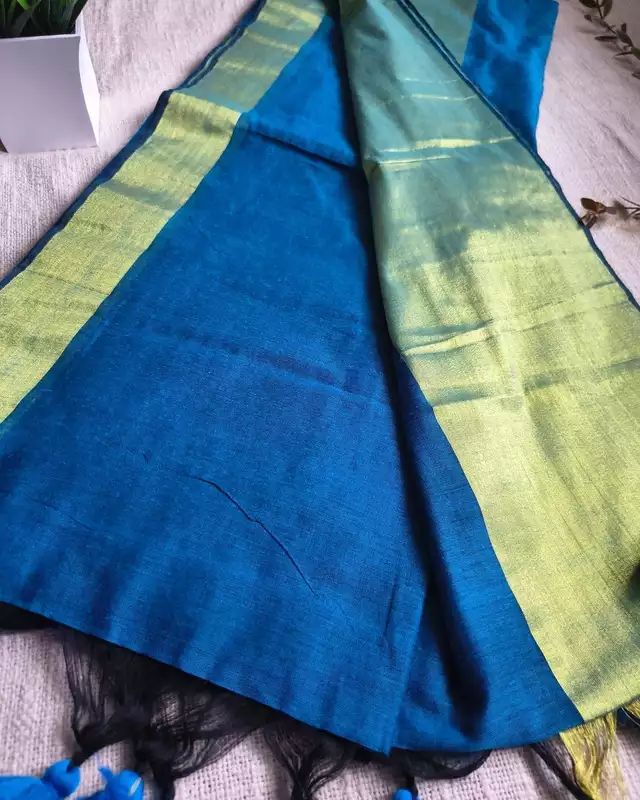 Pure Cotton Handloom Saree with Golden Border - Blue