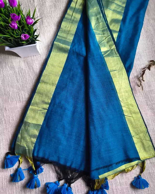 Pure Cotton Handloom Saree with Golden Border - Blue