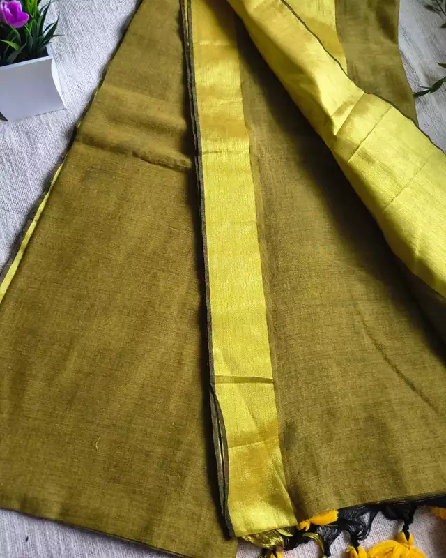 Pure Cotton Handloom Saree with Golden Border - Golden Olive